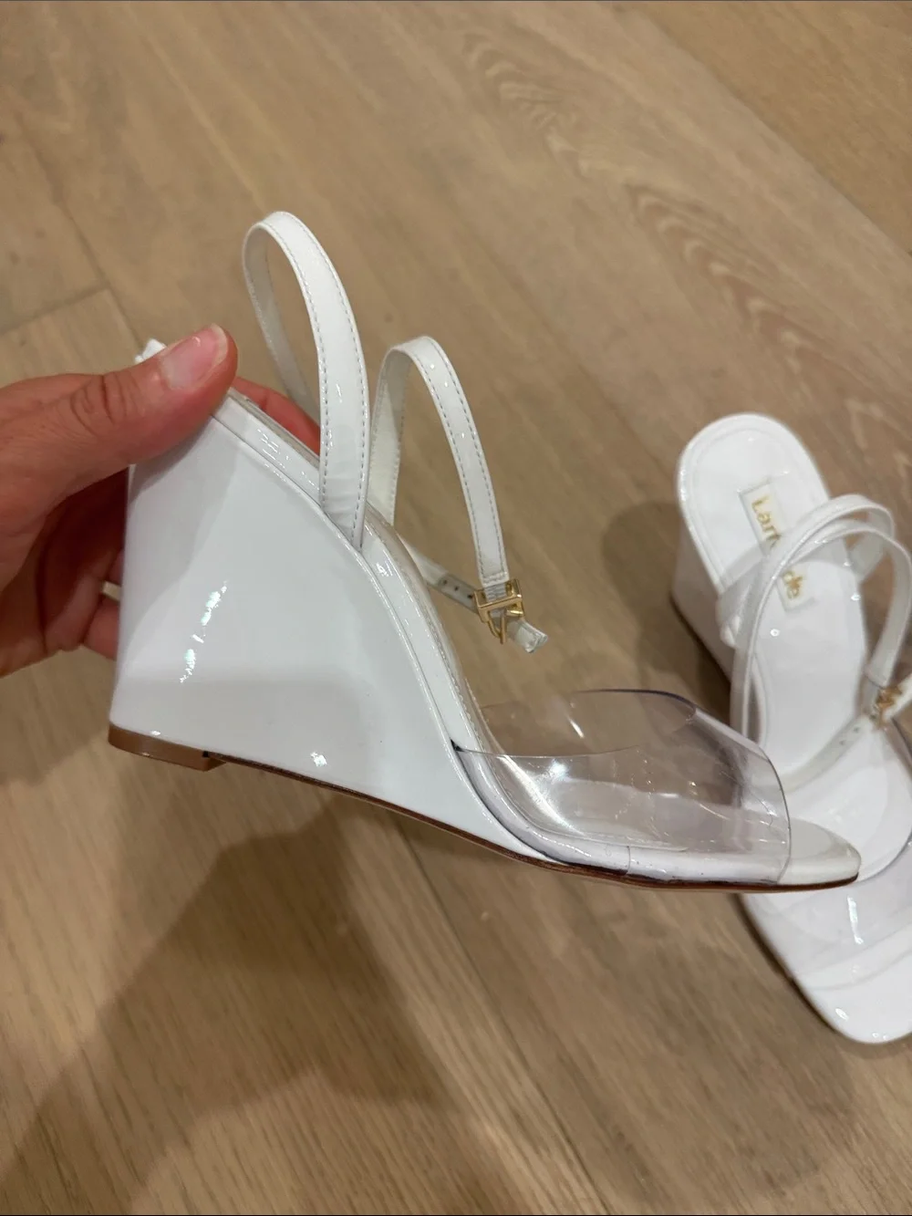 Larroude White PVS Yves pattern leather wedges